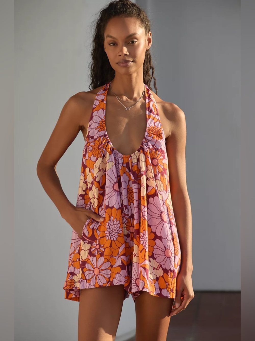 Anthropologie sleeveless mini romper 70s vibrant floral print